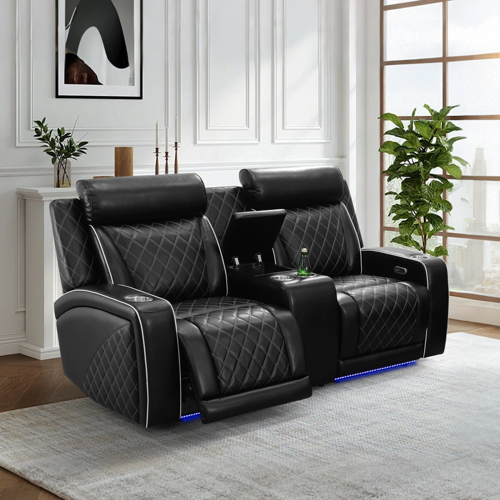 Black Leather 5-Seater Power Reclining Sofa Set with Reading Lights & Hidden Storage
