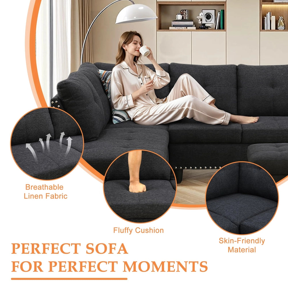Ainehome 97.5" Wide Black Grey Linen L-Shaped Living Room Sectional Sofa Set