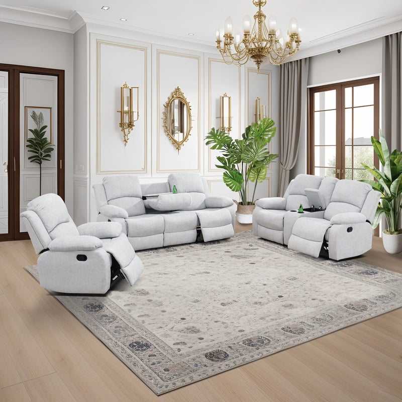 Cinema 3-Piece Grey Fabric Manual Reclining Sofa Set