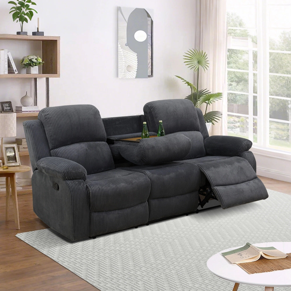 Cinema 3-Piece Textured Dark Grey Corduroy Reclining Sofa Set