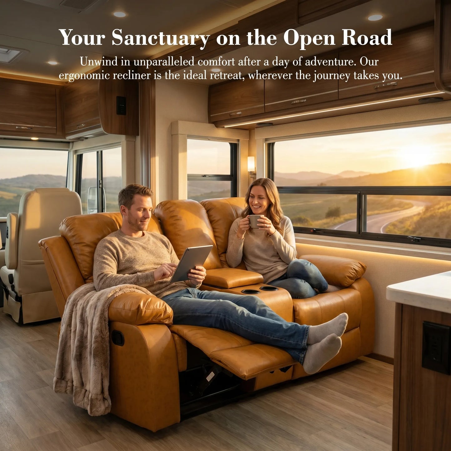 Ainehome 68" Manual RV Loveseat Recliner with Storage Console - Breathable Synthetic Leather Motorhome Sofa Replacement - 67" Full Extension & 26" Door Friendly - Walnut Brown