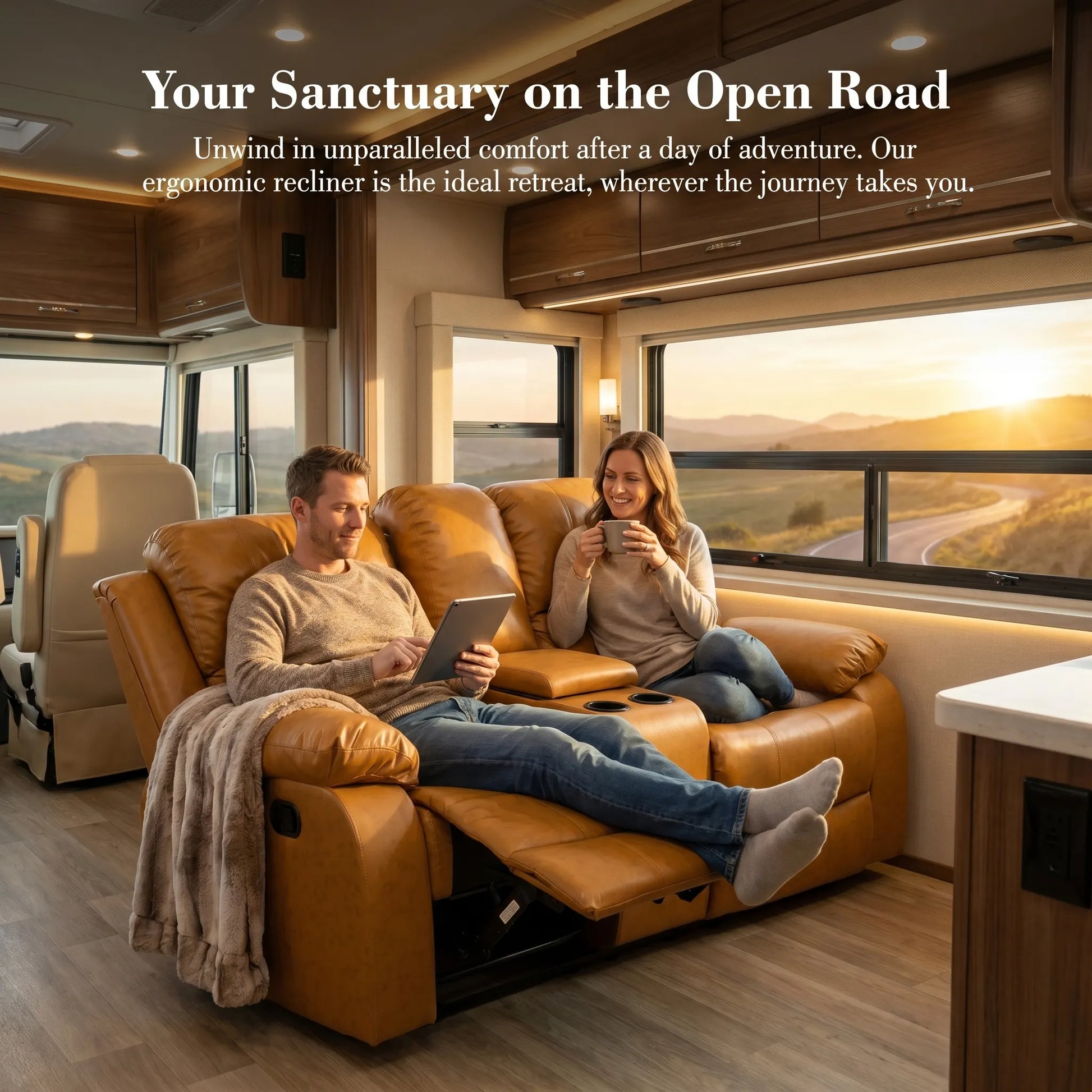 Ainehome 68" Manual RV Loveseat Recliner with Storage Console - Breathable Synthetic Leather Motorhome Sofa Replacement - 67" Full Extension & 26" Door Friendly - Walnut Brown