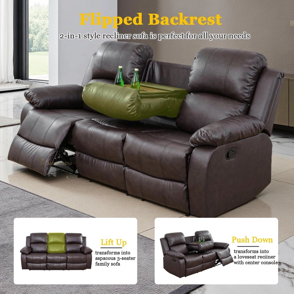 Ainehome "Cinema" 3-Piece Brown Faux Leather Manual Reclining Sofa Set
