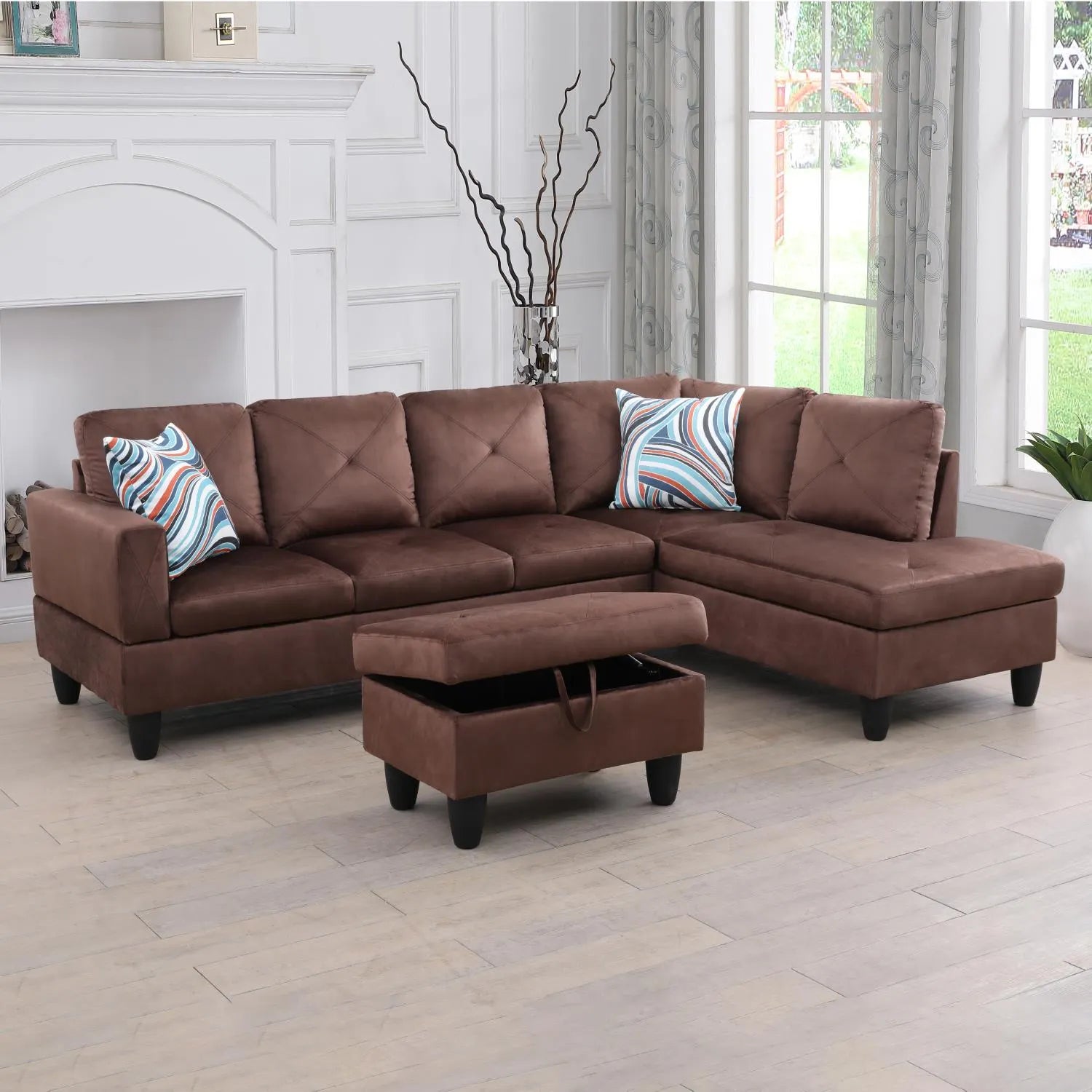 97" Wide Brown Microfiber L-Shaped Living Room Sectional Sofa Set — image 5