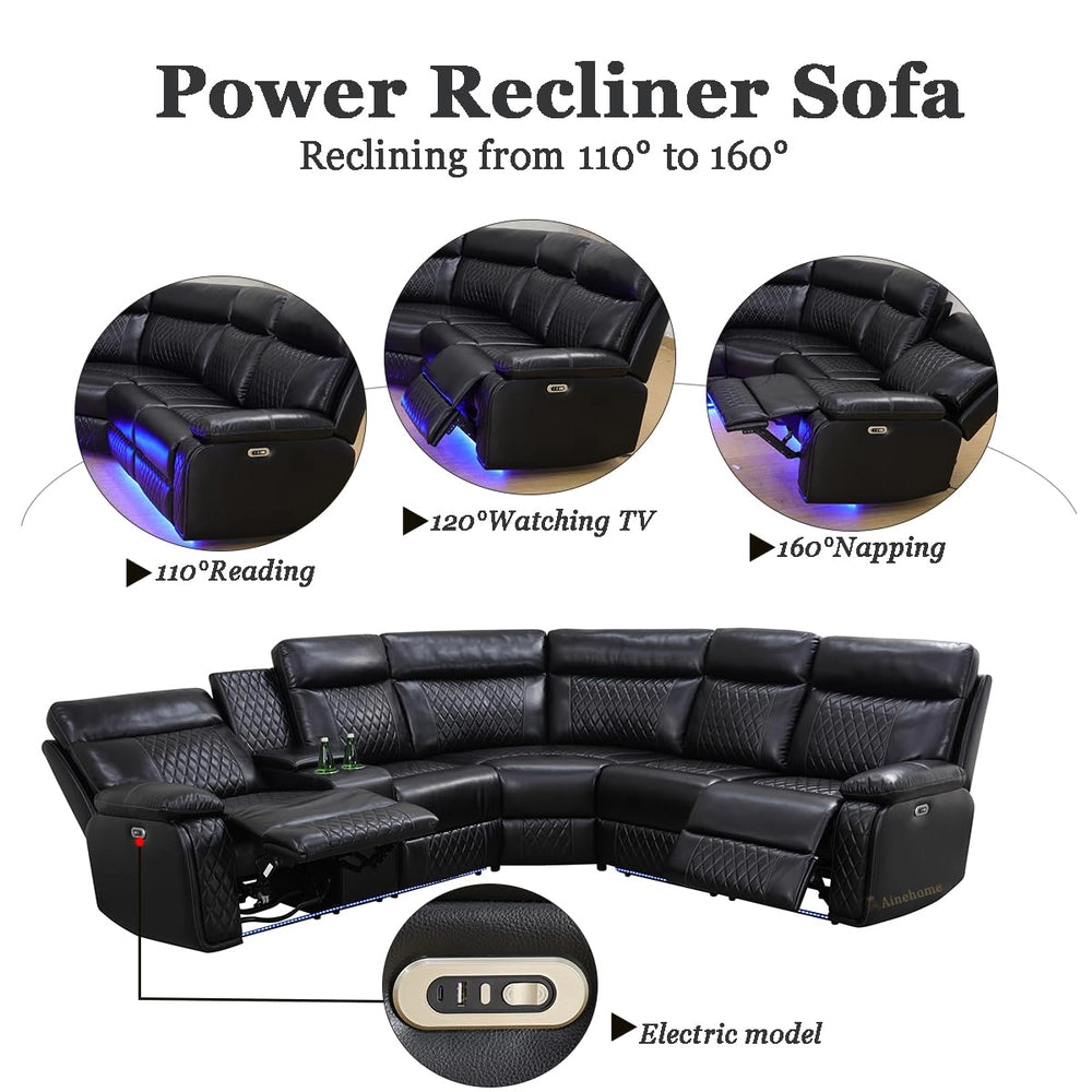 Black Semi PU Leather Power Reclining Sectional Sofa with Storage & Wireless Charging image 4
