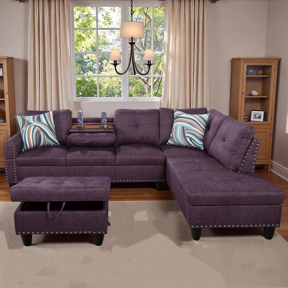 Ainehome 97.5" Wide Amaranth Linen L-Shaped Living Room Sectional Sofa Set