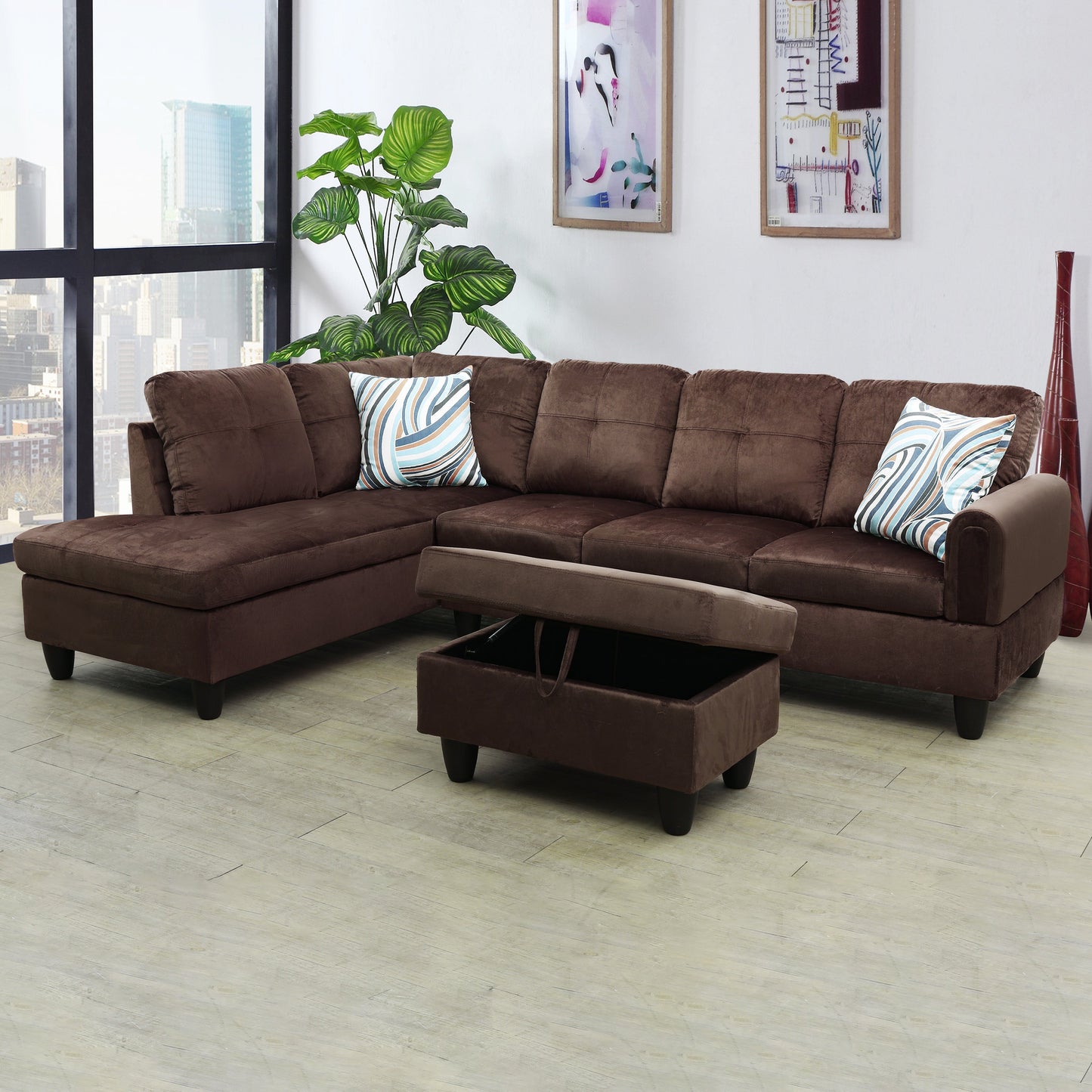 97" Wide Chocolate Flannel L-Shaped Living Room Sectional Sofa Set