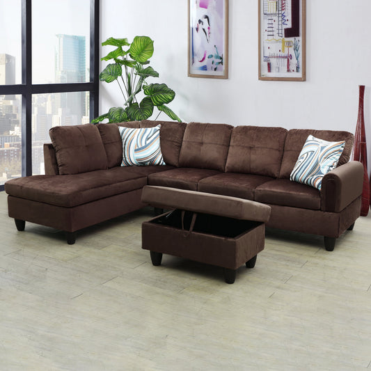 97" Wide Chocolate Flannel L-Shaped Living Room Sectional Sofa Set