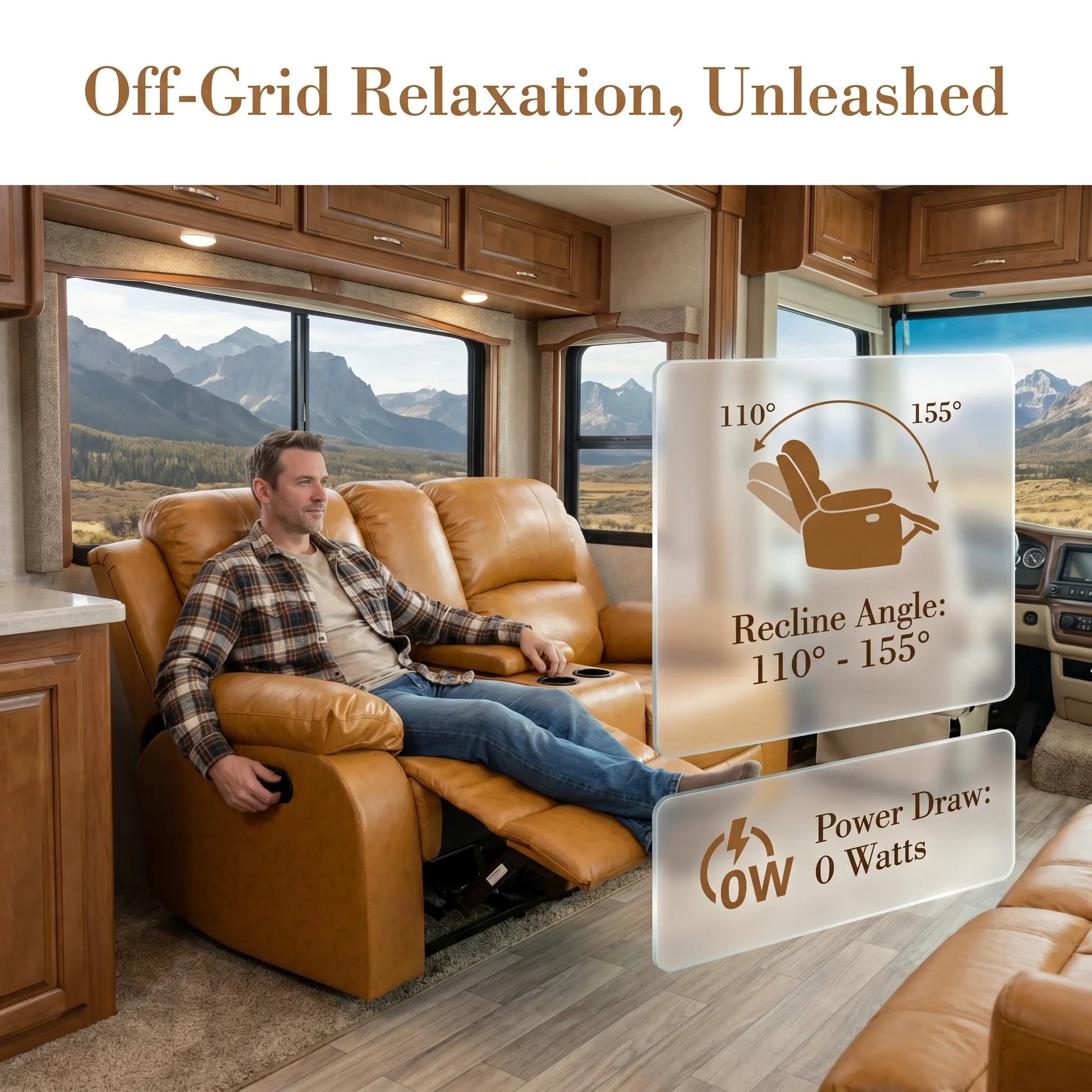 Ainehome 68" Manual RV Loveseat Recliner with Storage Console - Breathable Synthetic Leather Motorhome Sofa Replacement - 67" Full Extension & 26" Door Friendly - Walnut Brown