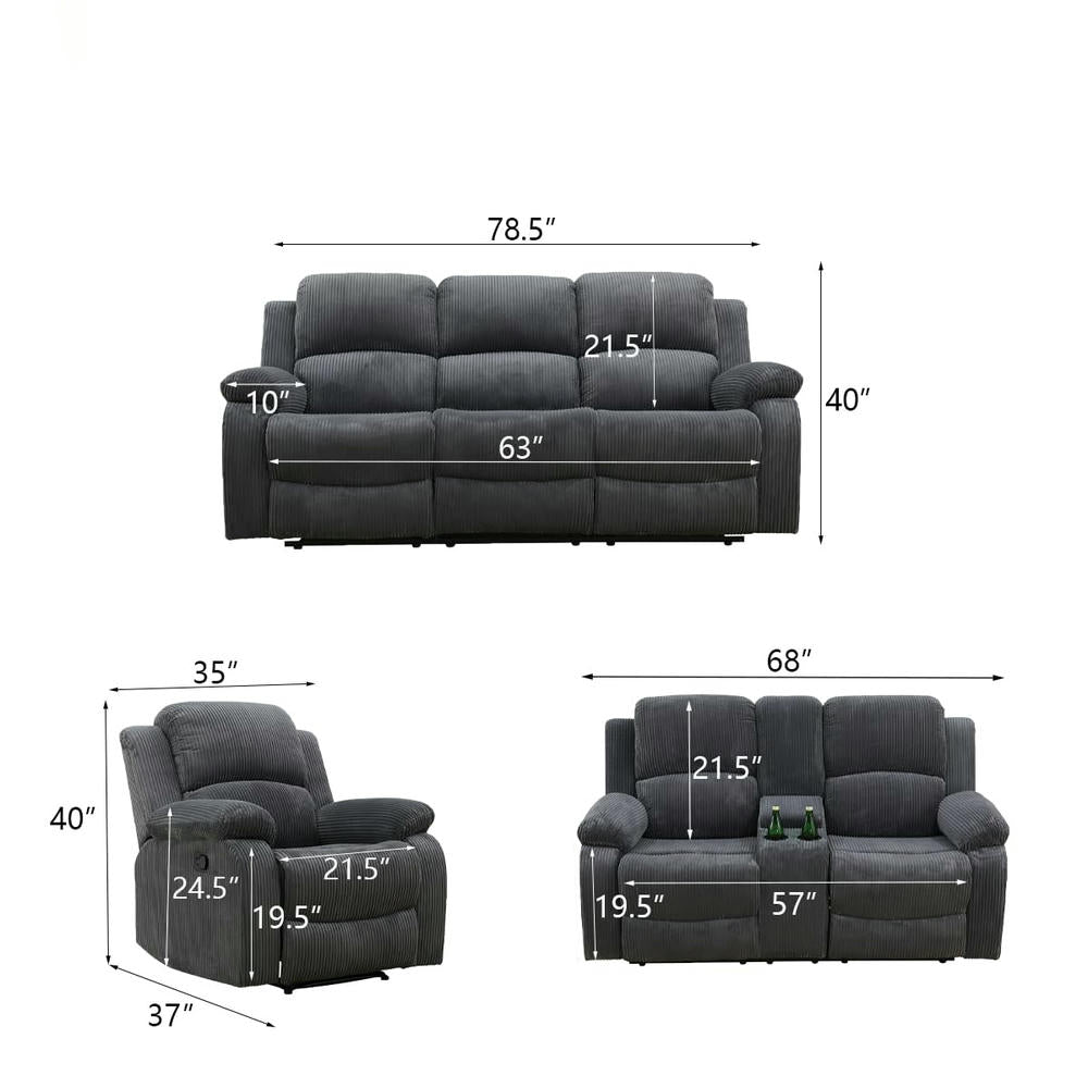 Ainehome Cinema 3-Piece Textured Dark Grey Corduroy Reclining Sofa Set