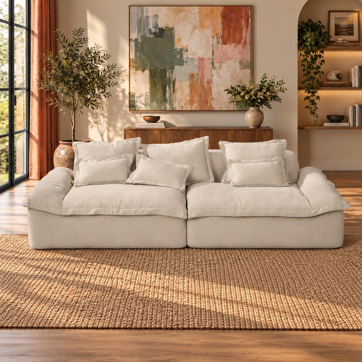 Jesse - Oversized Sofa With 6 Pillows - Beige Linen
