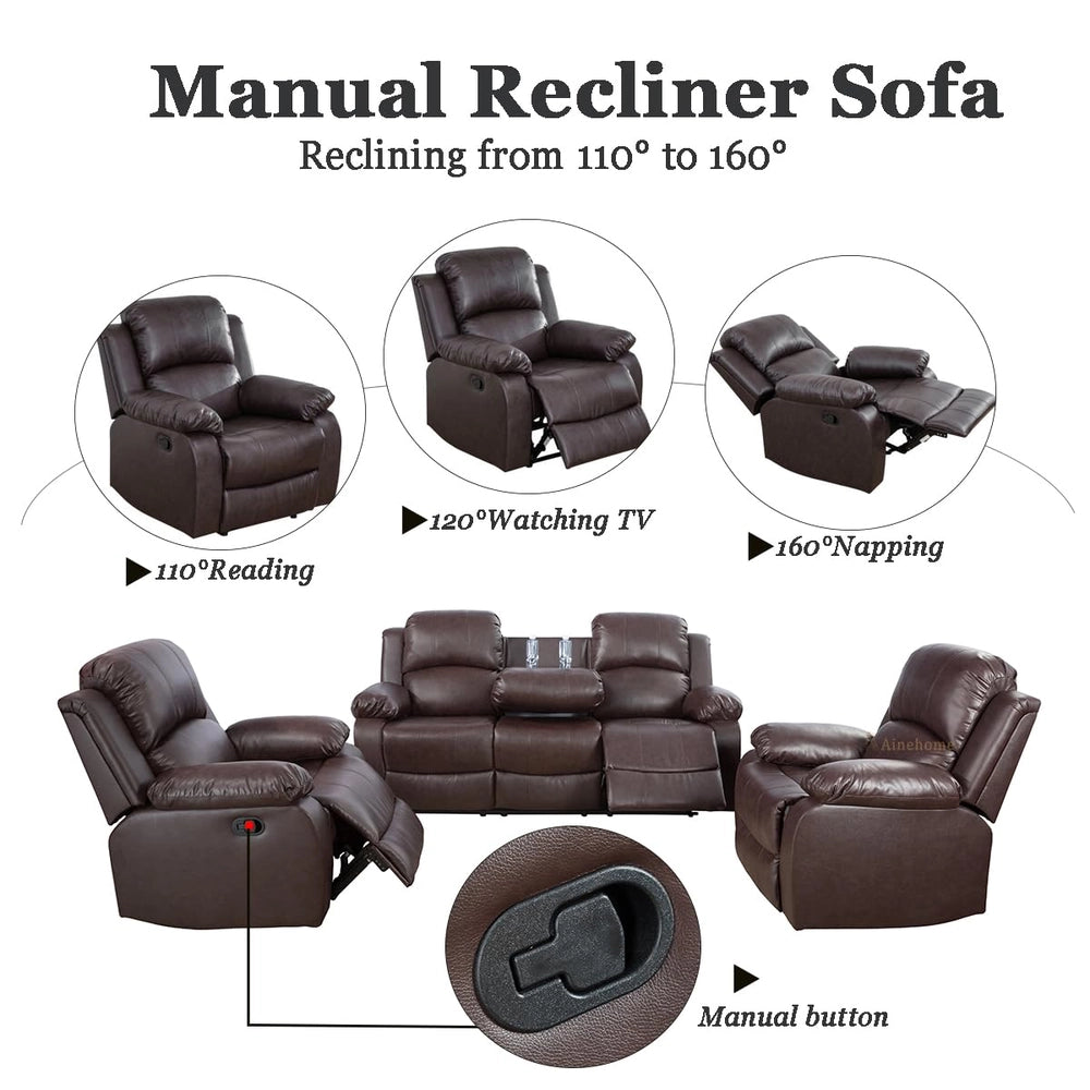 Ainehome "Cinema" 3-Piece Brown Faux Leather Manual Reclining Sofa Set