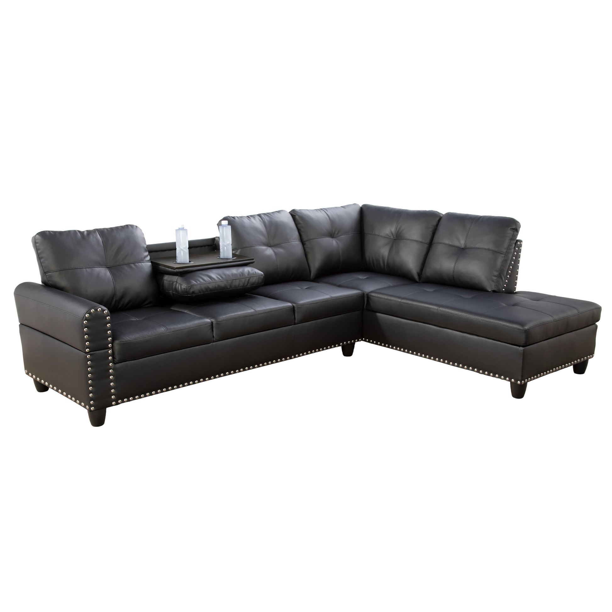 97.5" Wide Black Synthetic Leather L-Shaped Living Room Sectional Sofa Set