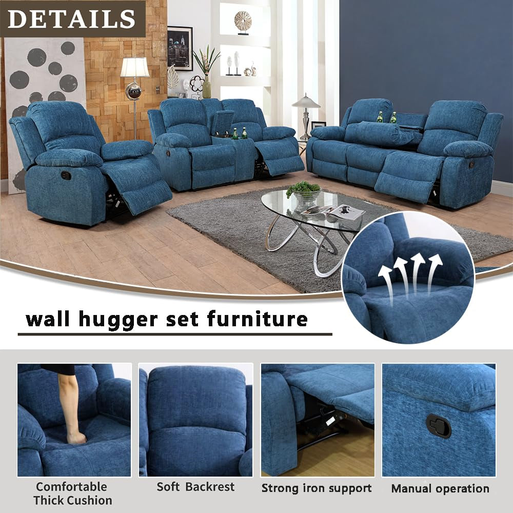 Ainehome Cinema 3-Piece Blue Fabric Manual Reclining Sofa Set