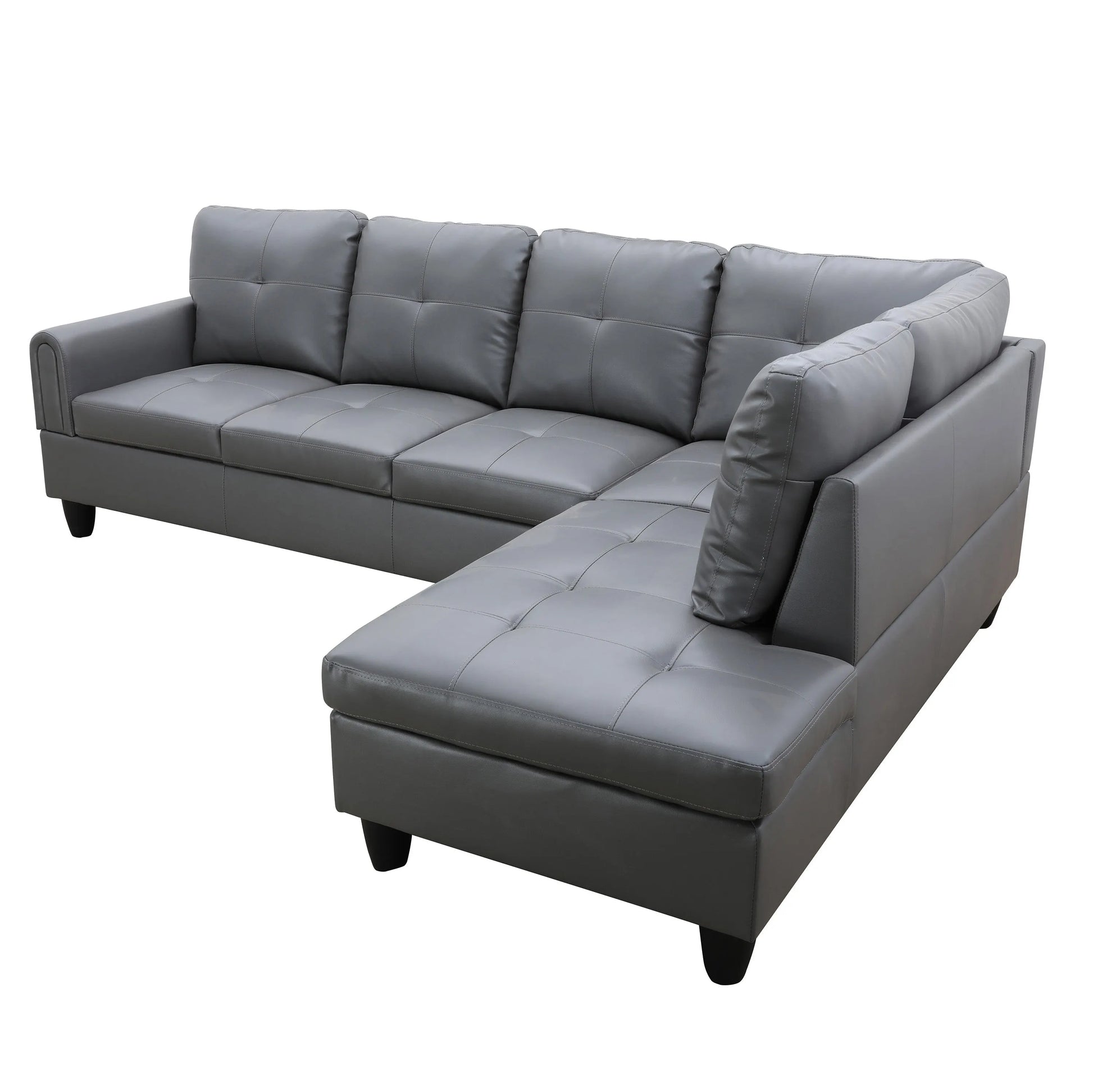 97" Wide Dark Grey Faux Leather L-Shaped Living Room Sectional Sofa Set