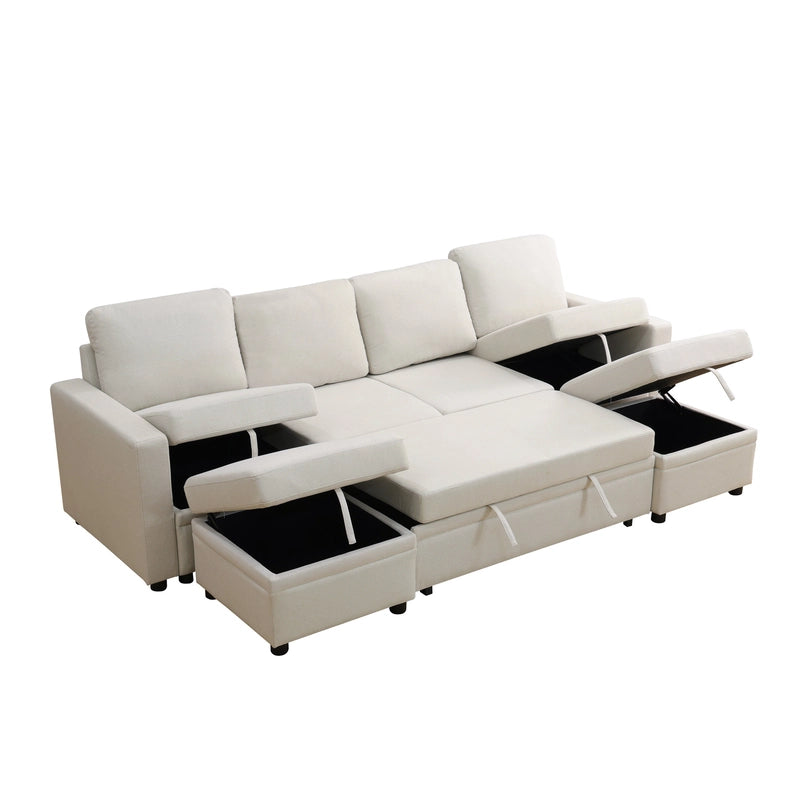 Ainehome Off-White Extendable Fabric Sofa Bed 6-Piece Sectional with Storage