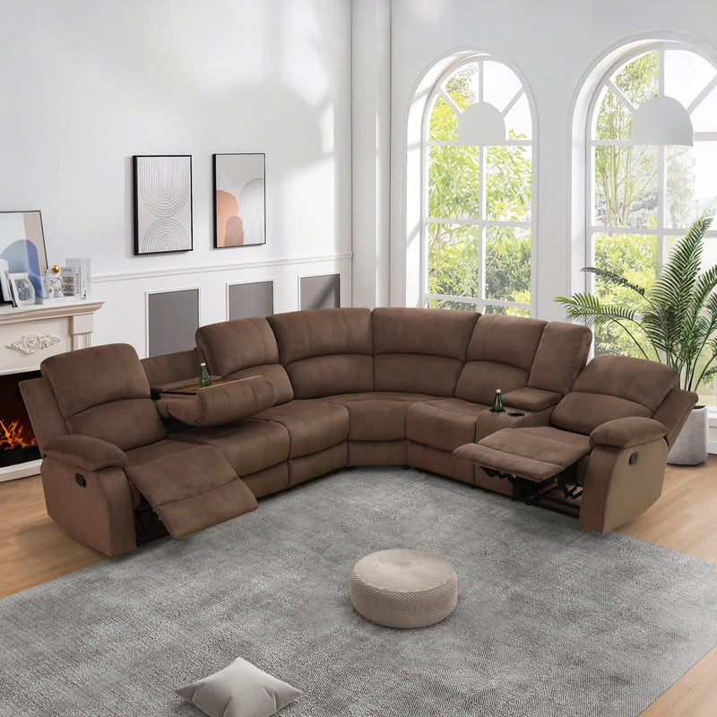 Ainehome Grandview 5-Seat Reclining Sectional Sofa in Plush Brown Microfiber