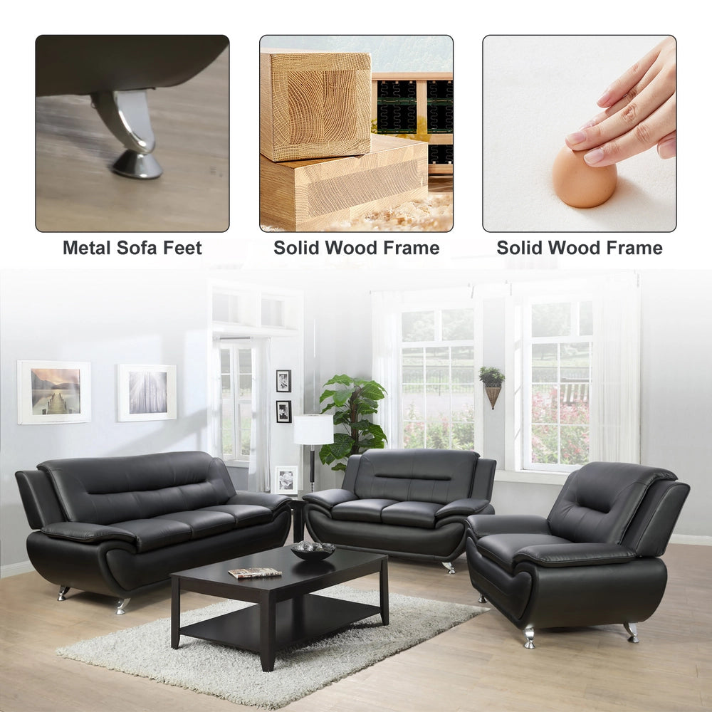Ainehome Black Faux Leather 3-2-1 Living Room Sofa Set