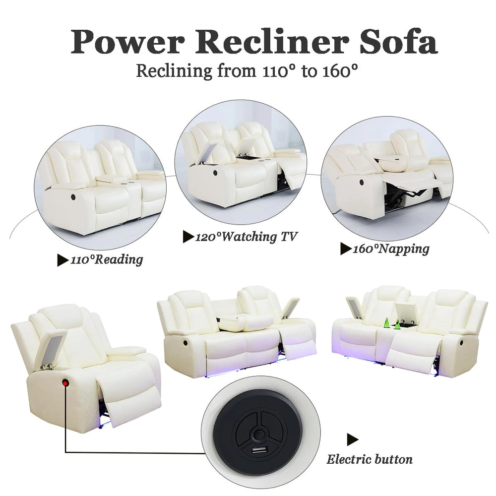 Ainehome White Leather Power Reclining Sofa Set with Smart Consoles & 170° Recline