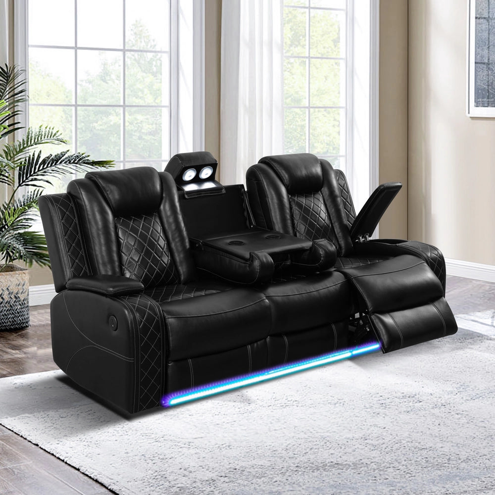 Black Leather Power Reclining Sofa Set with Smart Console & LED Lighting