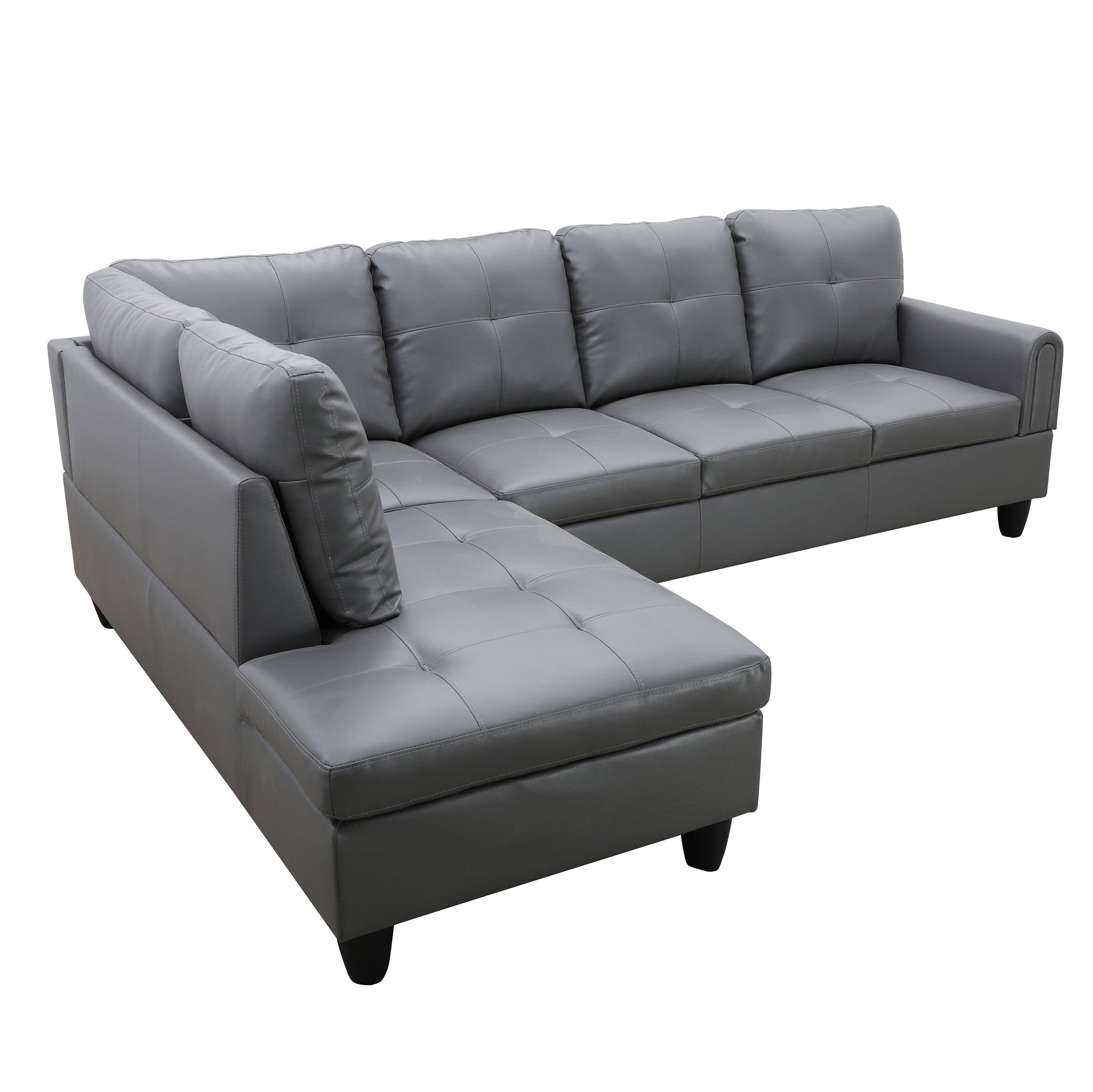 97" Wide Dark Grey Faux Leather L-Shaped Living Room Sectional Sofa Set