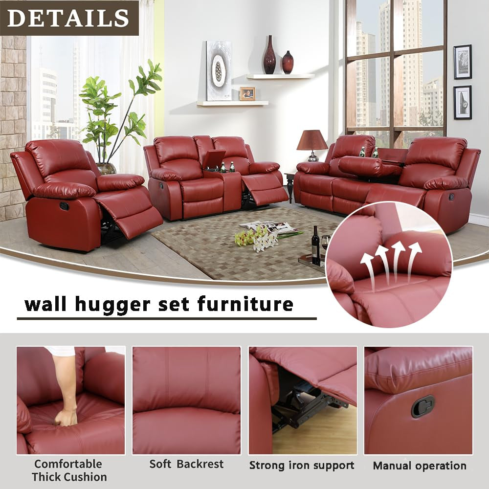 Ainehome Cinema 3-Piece Red Faux Leather Manual Reclining Sofa Set