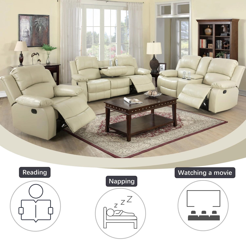 Ainehome Cinema 3-Piece Beige Faux Leather Manual Reclining Sofa Set