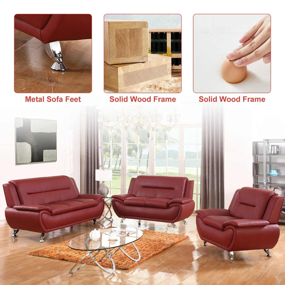 Ainehome Red Faux Leather 3-Piece Living Room Sofa Set with Elegant Design