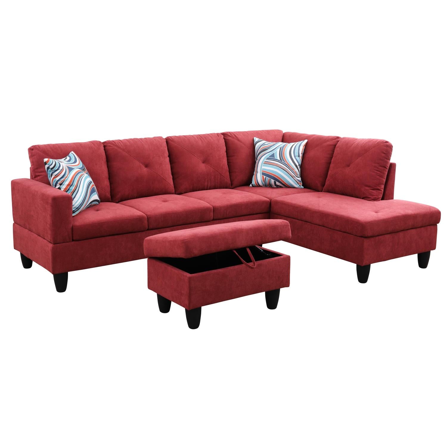 97" Wide Red Flannelette L-Shaped Living Room Sectional Sofa Set — image 6