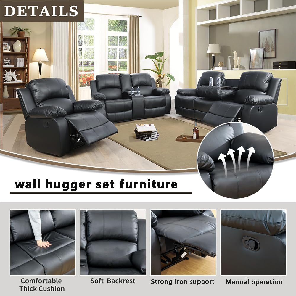 Ainehome Cinema 3-Piece Black Faux Leather Manual Reclining Sofa Set