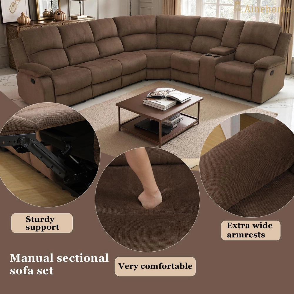 Ainehome Grandview 5-Seat Reclining Sectional Sofa in Plush Brown Microfiber
