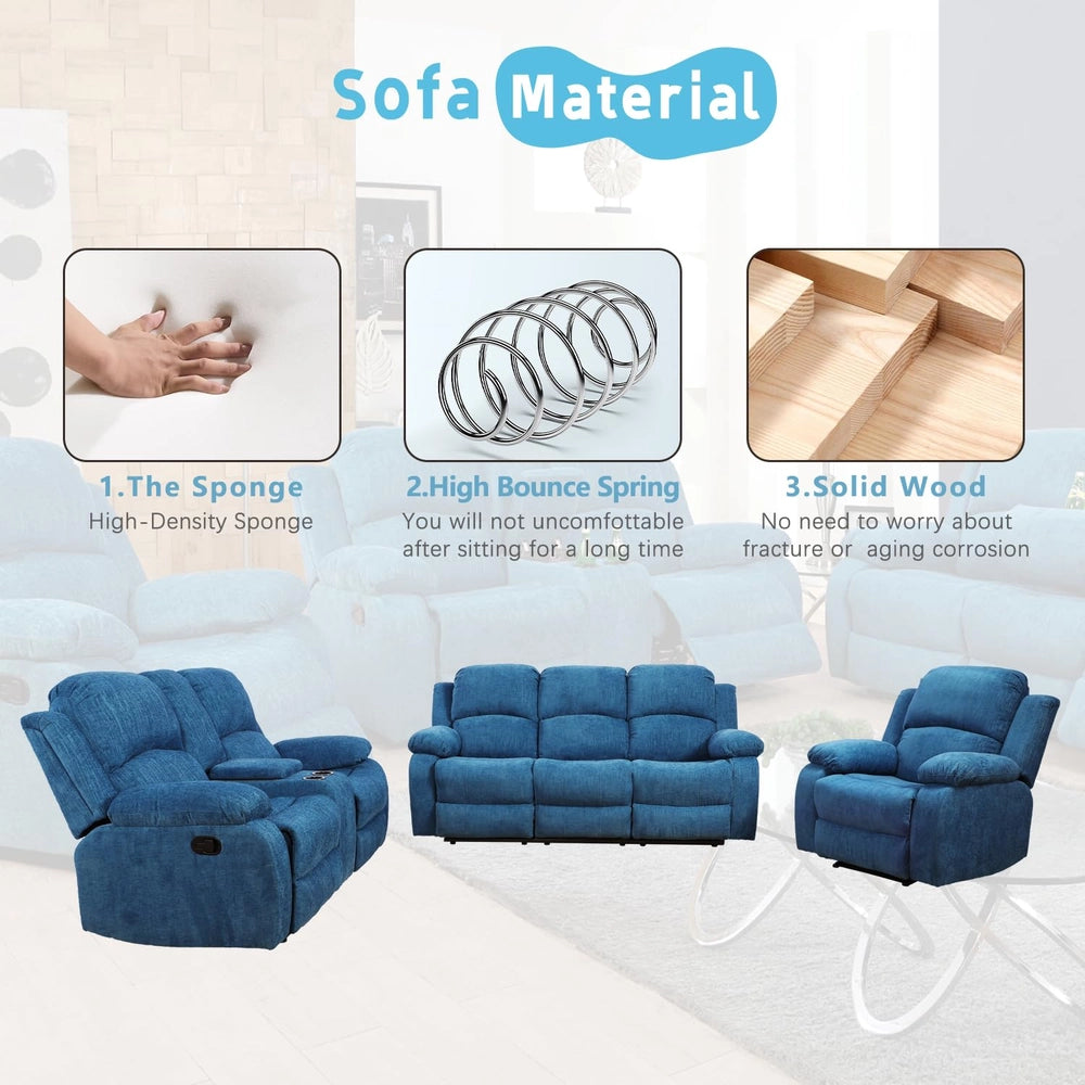 Ainehome Cinema 3-Piece Blue Fabric Manual Reclining Sofa Set