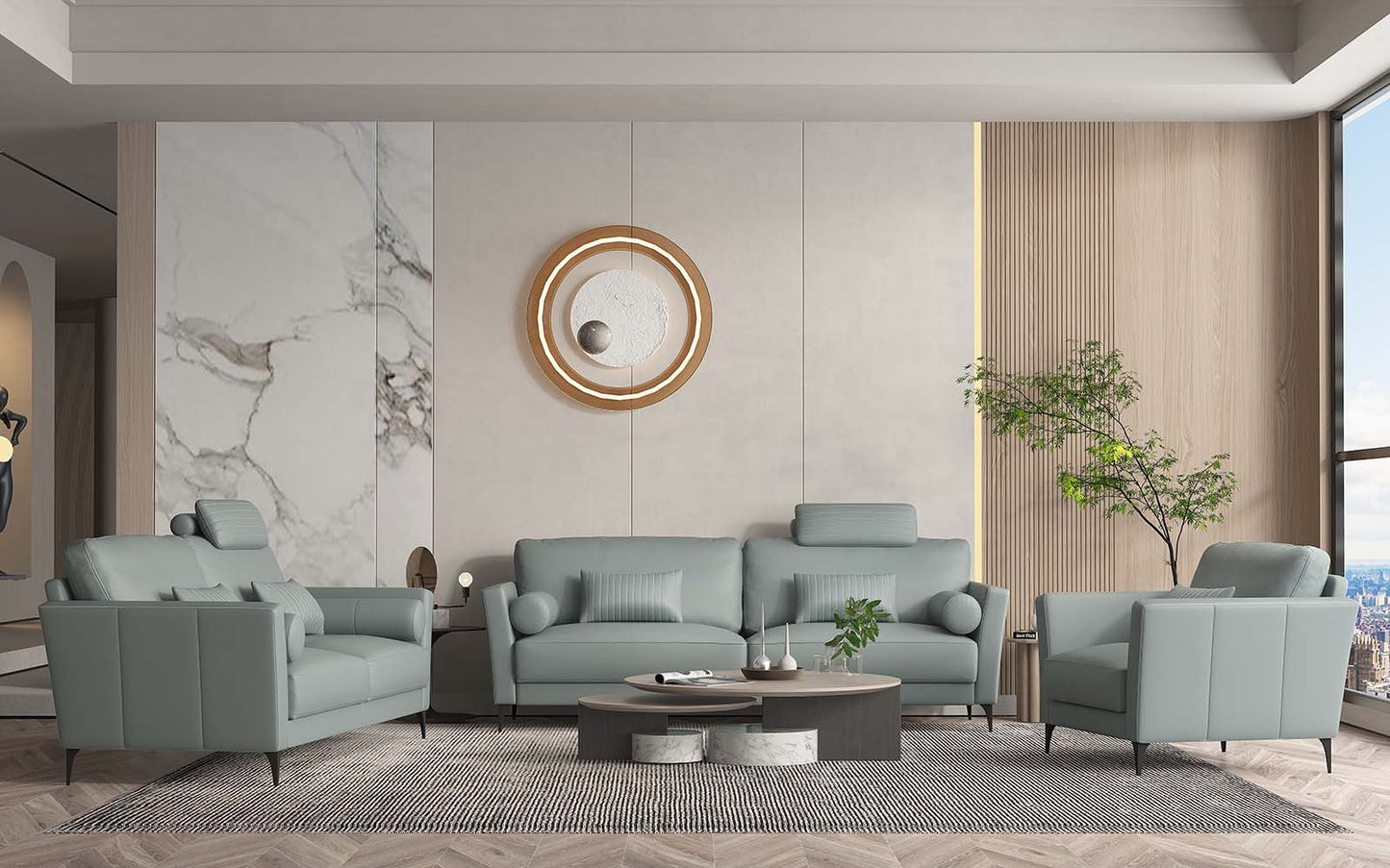 Tussio - Sofa With 5 Pillows - Watery Leather