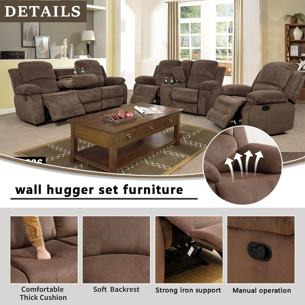 Ainehome Cinema 3-Piece Plush Brown Microfiber Reclining Sofa Set