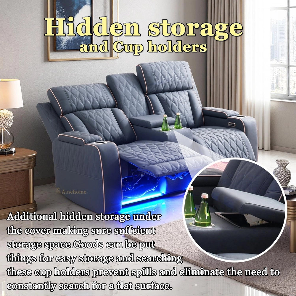 Ainehome Blue Gray Sanded Leather 5-Seater Power Reclining Sofa Set with Smart Features
