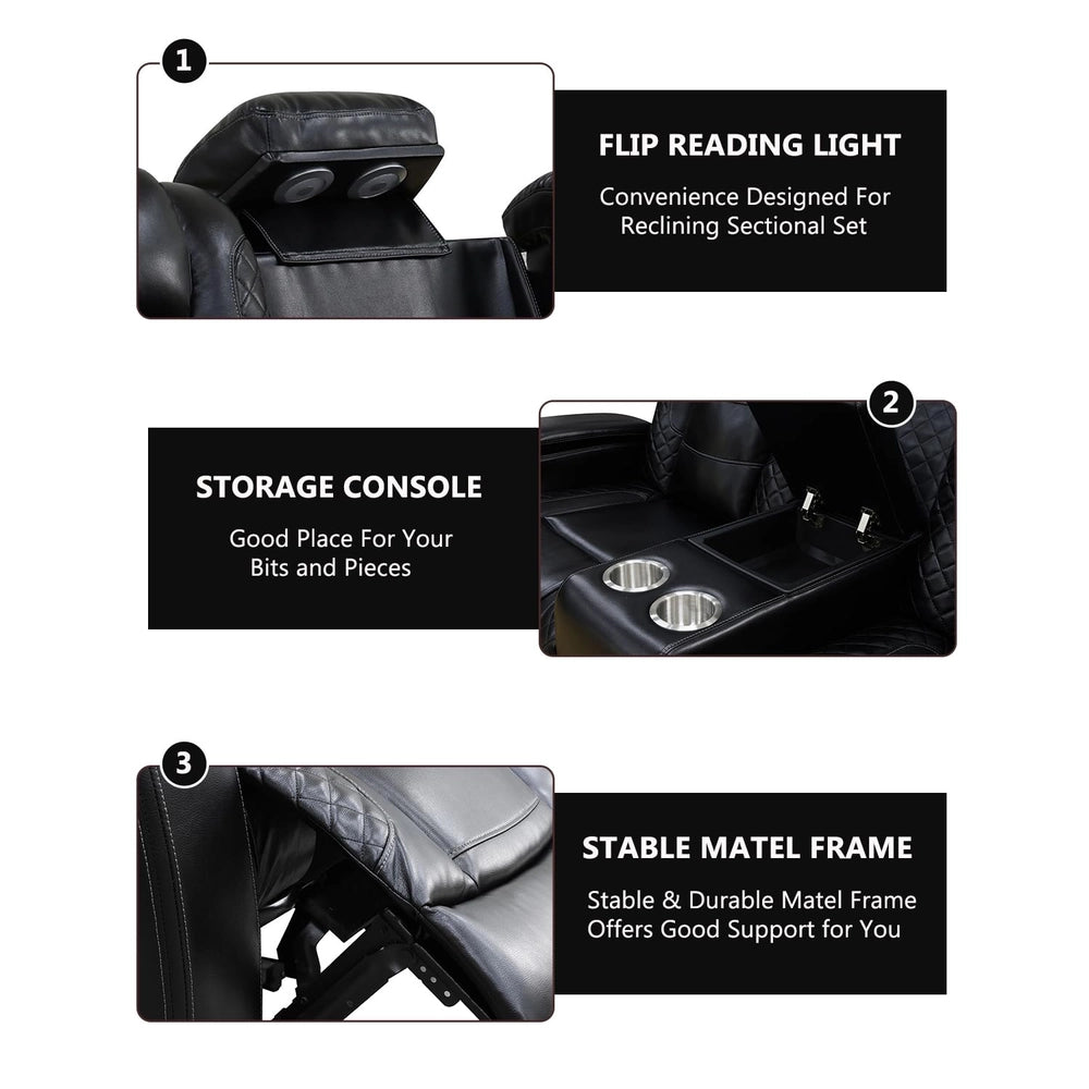 Black Leather Power Reclining Sectional Sofa with 170° Recline & Reading Lamp — Sofa image 4