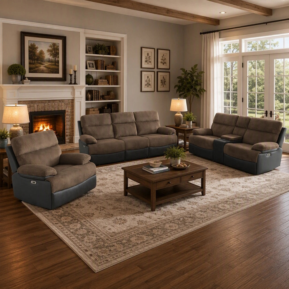Brown Corduroy Power Reclining Sofa Set with LED Lights, USB Charging & Storage Console - 3 Piece Living Room Set