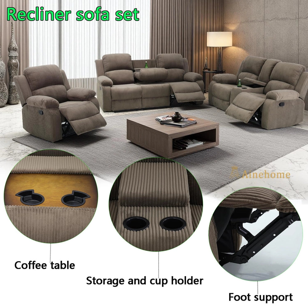 Ainehome Cinema 3-Piece Peanut Color Textured Reclining Sofa Set