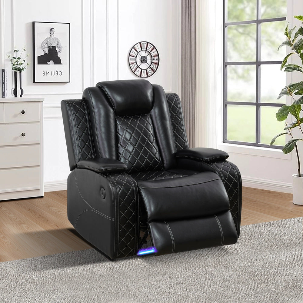 Black Leather Power Reclining Sofa Set with Smart Console & LED Lighting