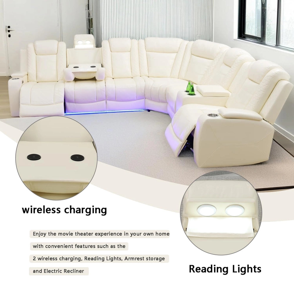 Ainehome Off-White Leather Power Reclining Sectional Sofa with Smart Tea Table & Organizer