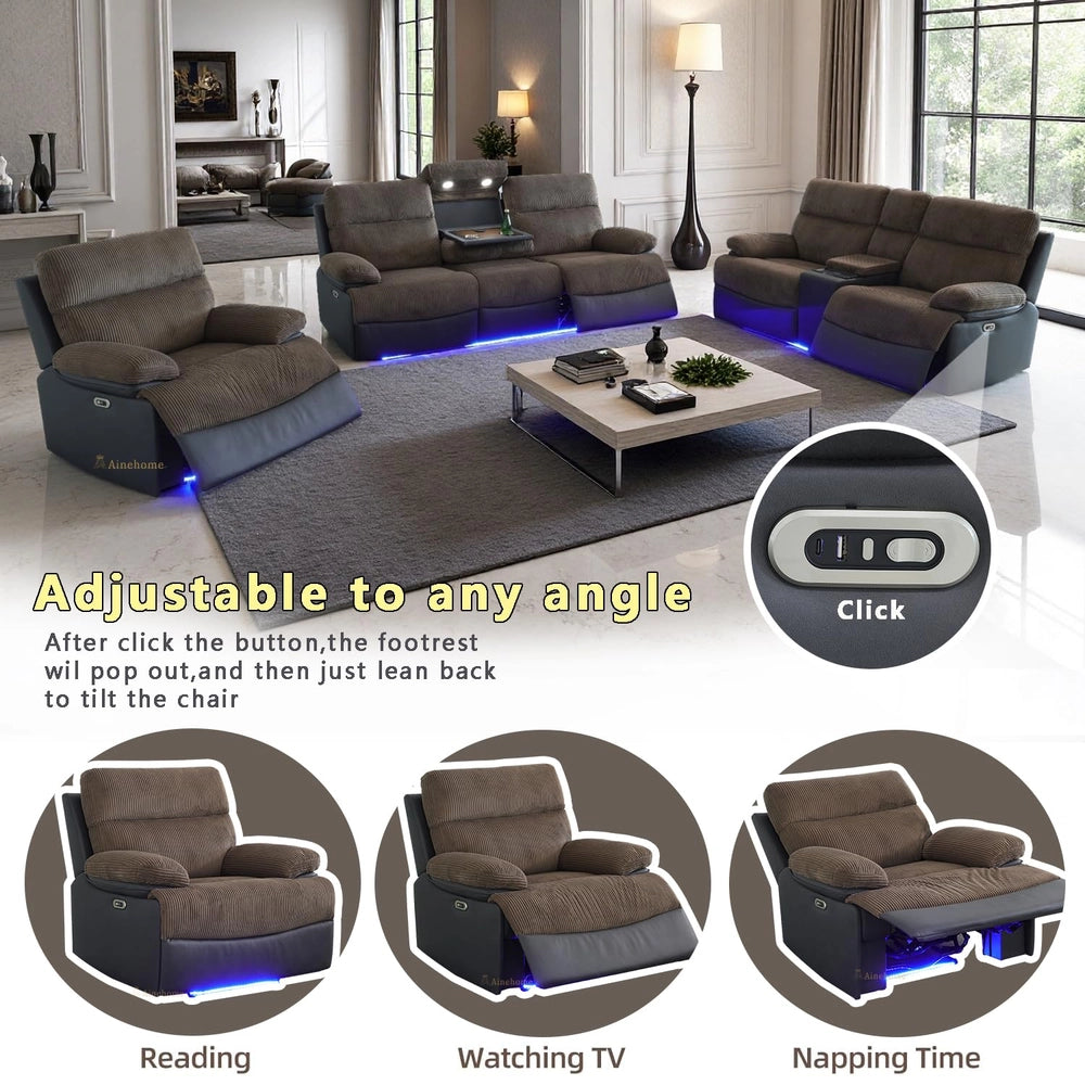 Brown Corduroy Power Reclining Sofa Set with LED Lights, USB Charging & Storage Console - 3 Piece Living Room Set