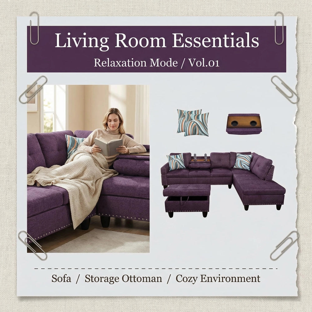 Ainehome 97.5" Wide Amaranth Linen L-Shaped Living Room Sectional Sofa Set