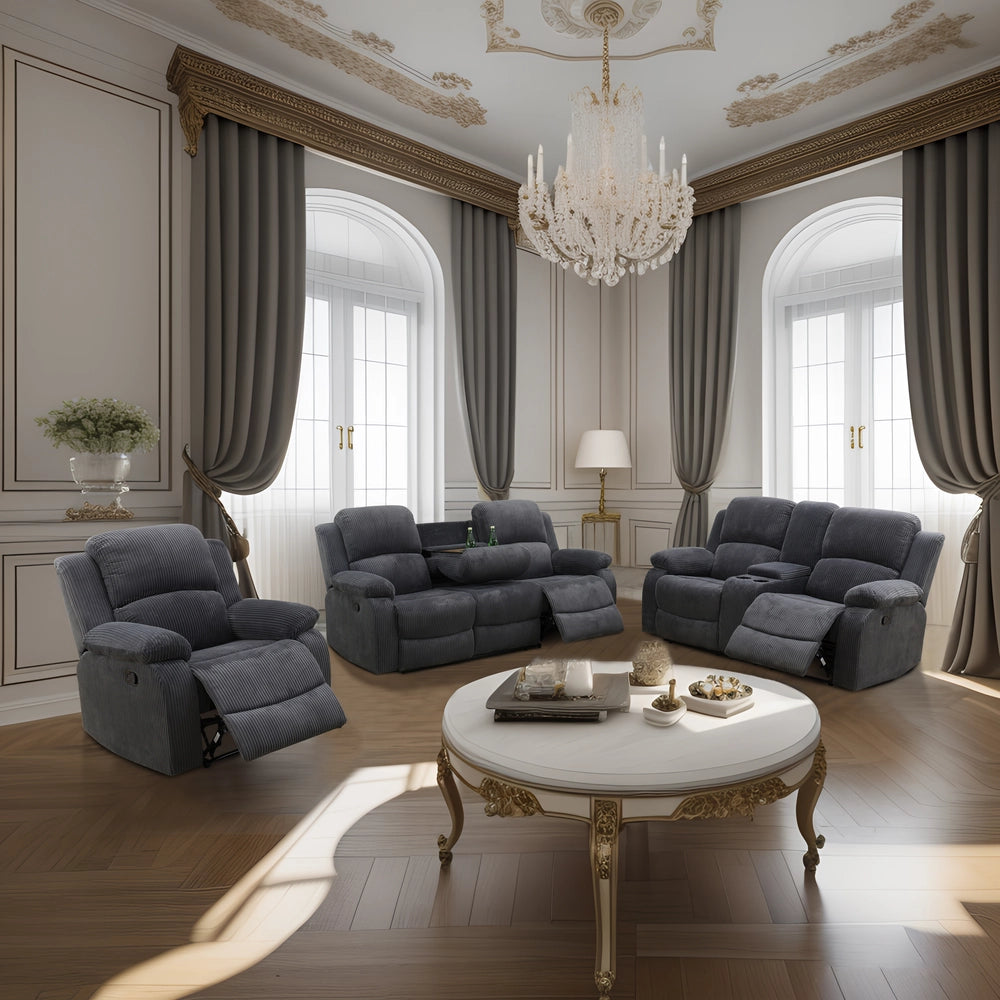 Ainehome Cinema 3-Piece Textured Dark Grey Corduroy Reclining Sofa Set