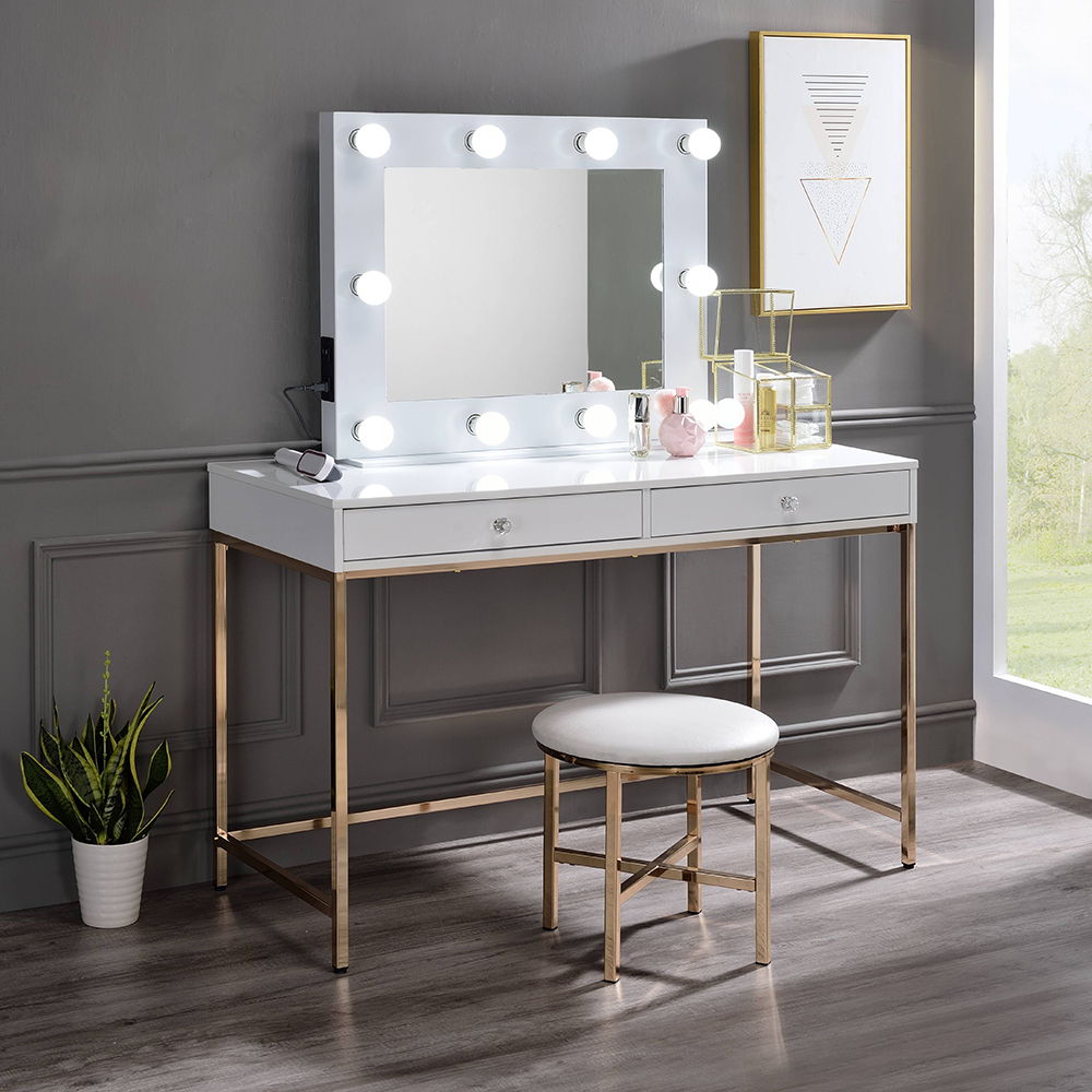 Ottey - Vanity Desk (Same 92540) - White High Gloss & Gold