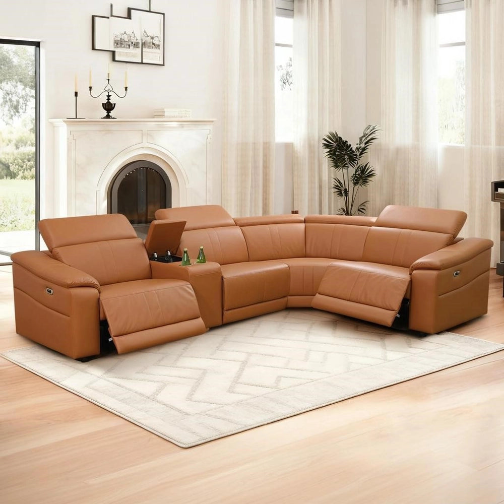 Light Brown Leather 5-Seater Modular Power Reclining Sectional Sofa Set with Smart Storage & USB