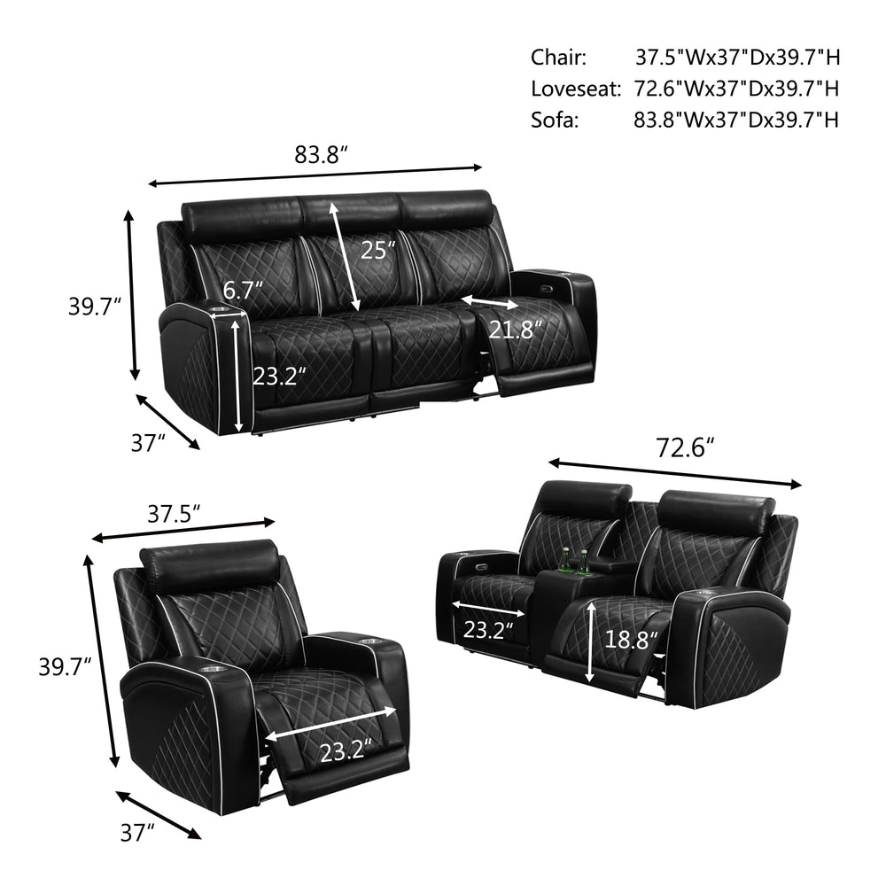 Ainehome Black Leather 5-Seater Power Reclining Sofa Set with Reading Lights & Hidden Storage