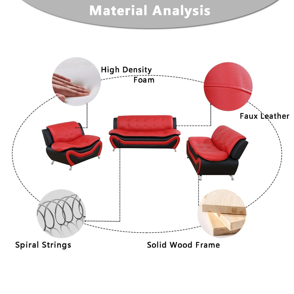 Ainehome Black & Red Faux Leather 3-Piece Living Room Sofa Set with Elegant Design