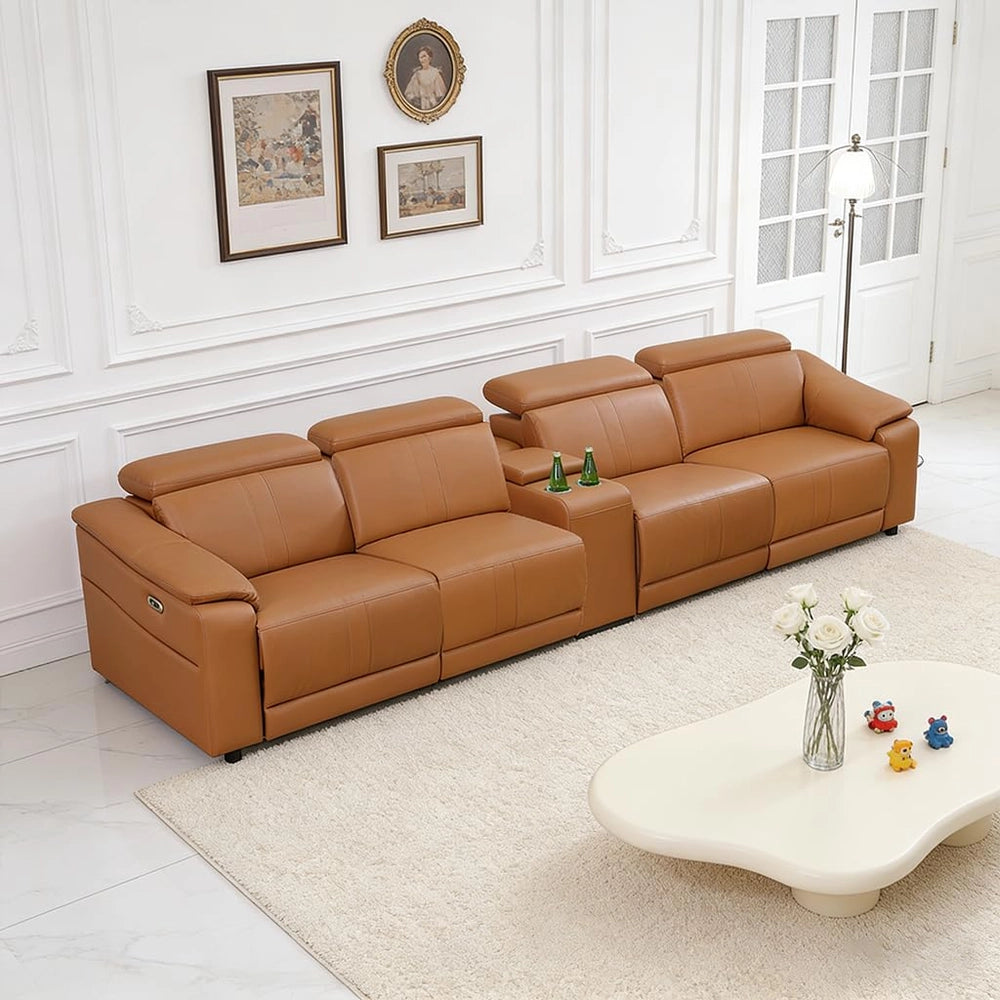 Light Brown Leather 5-Seater Modular Power Reclining Sectional Sofa Set with Smart Storage & USB