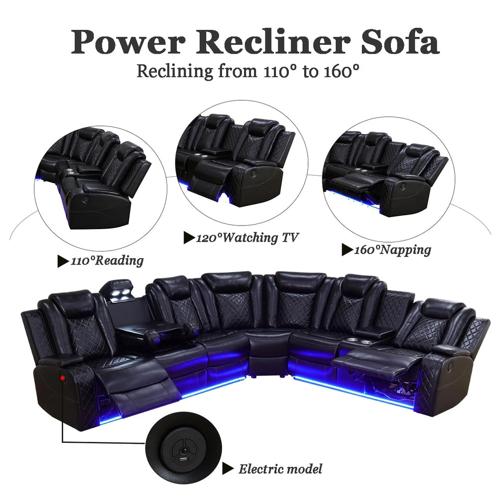 Ainehome Black Leather Power Reclining Sofa Set with Smart Storage & Wireless Charging