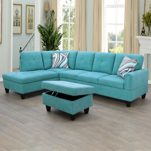 97" Wide Green Flannel L-Shaped Living Room Sectional Sofa Set
